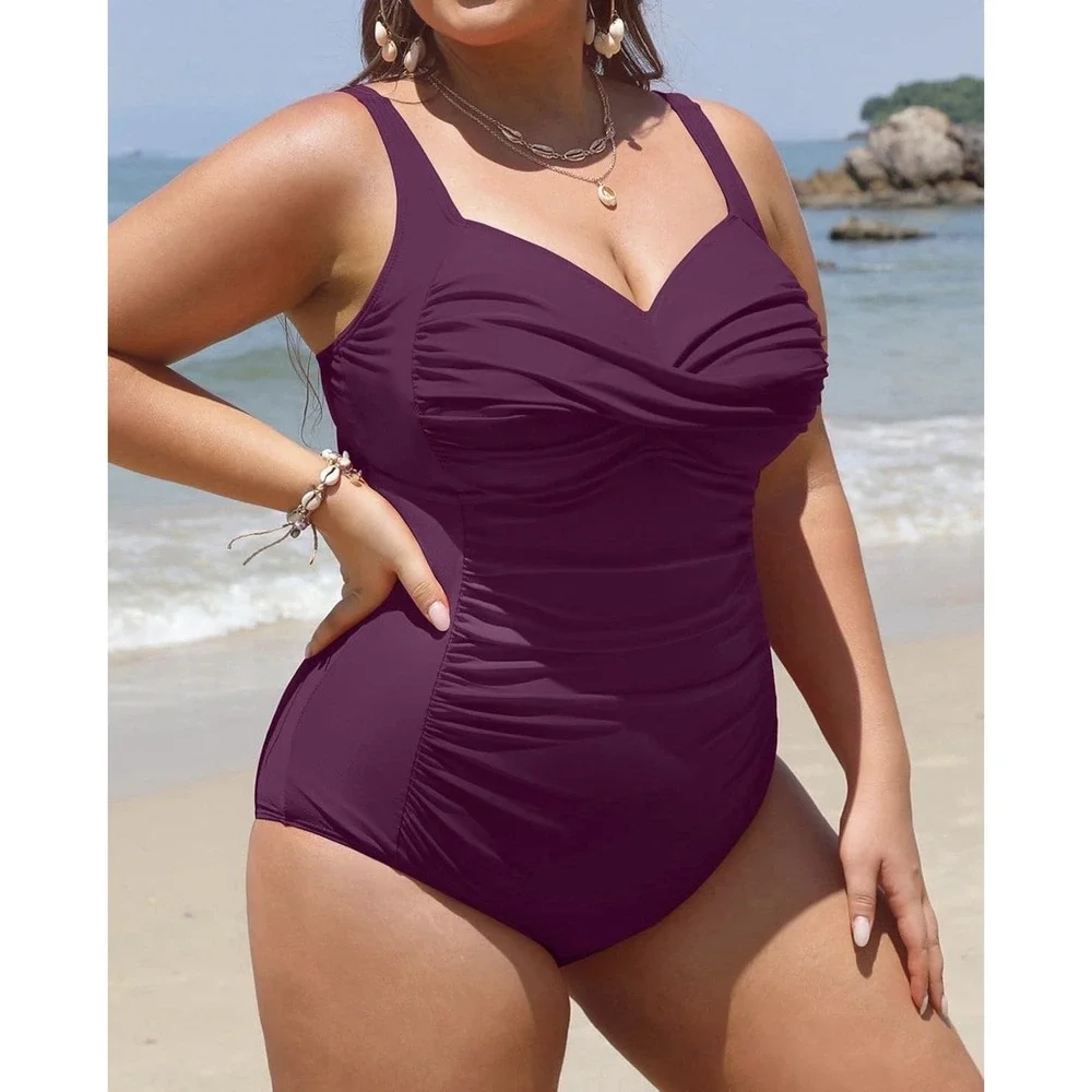 Yonique swimsuit One Piece Tummy Control Twist Front Ruched Maroon Swimsuit 20W